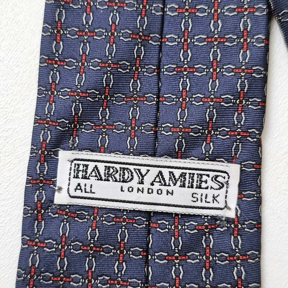 Vintage Hardy Amies London Silk Tie Navy Red Geometric Chain Pattern Luxury